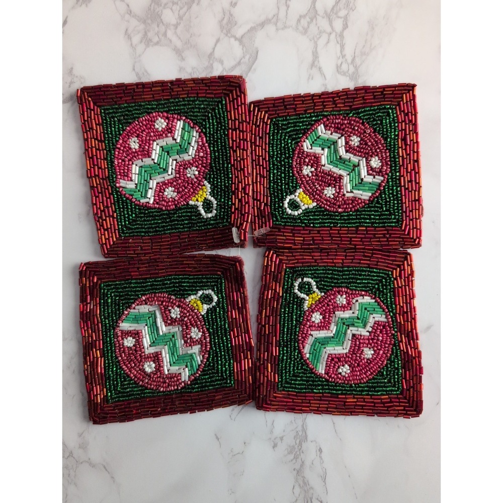 Department 56 Beaded Christmas Ornament Coaster Set of 4 Green Red Holiday Decor